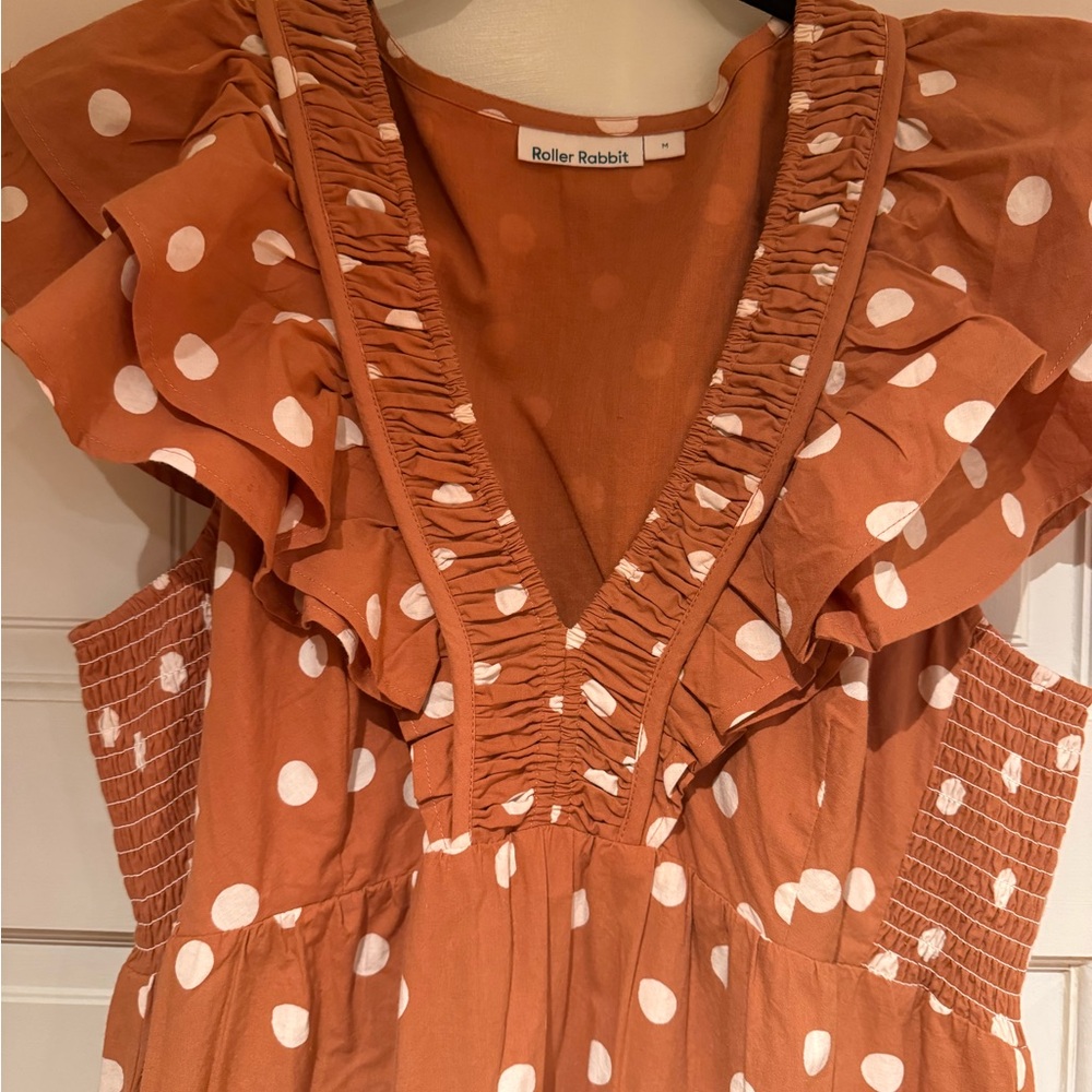 Roller Rabbit Dress, ruffles, brown, size medium, midi, white polka dots, NEW - Picture 5 of 5